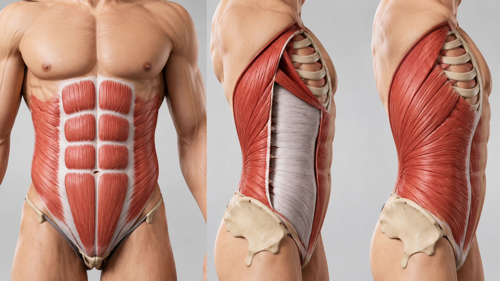"Dijagram core mišića: rectus abdominis, transverzalni i kosi trbušni mišići s nazivima"