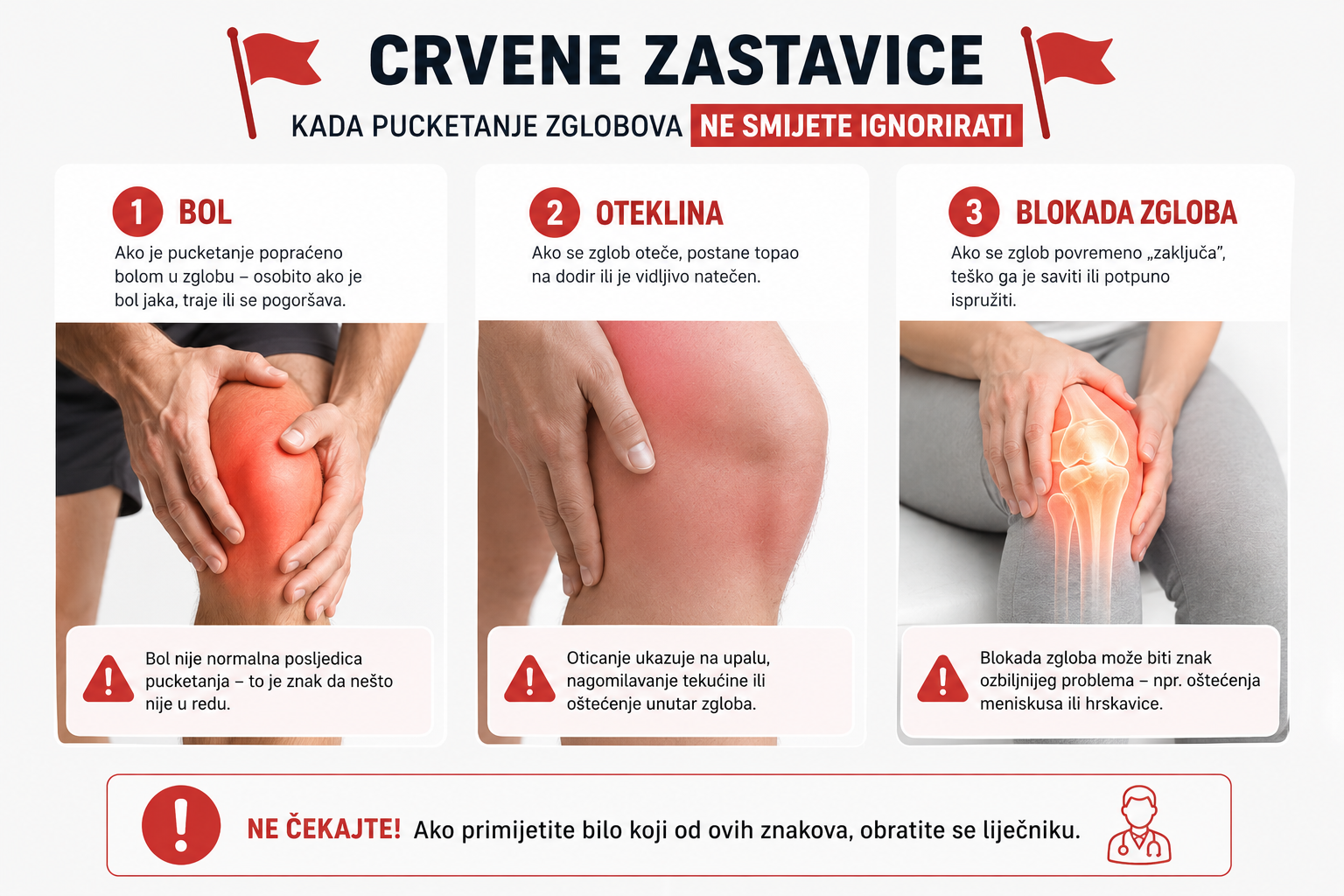 "Grafika upozoravajućih znakova kod pucketanja zglobova: bol, oteklina i blokada zgloba"