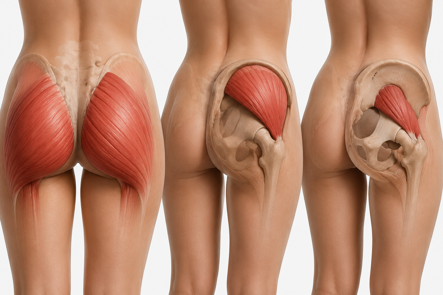 "Dijagram tri mišića stražnjice, gluteus maximus, medius i minimus, na ženskom tijelu"