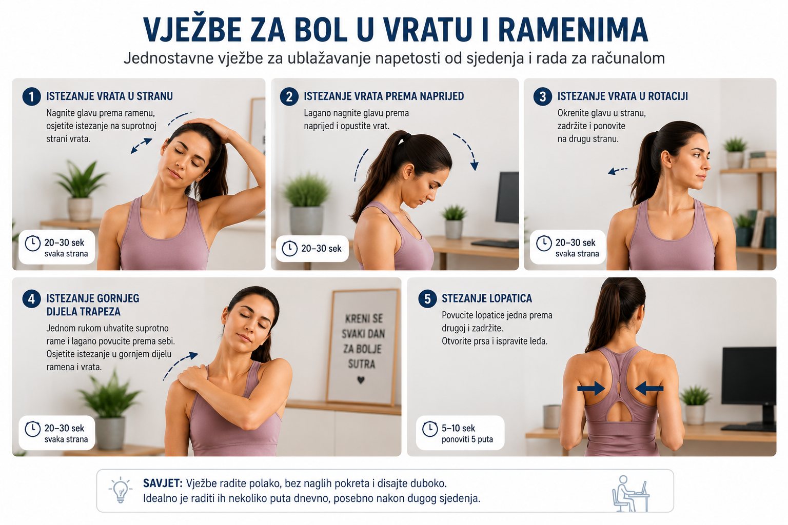 "Istezanje mišića vrata i ramena za ublažavanje napetosti od rada za računalom"