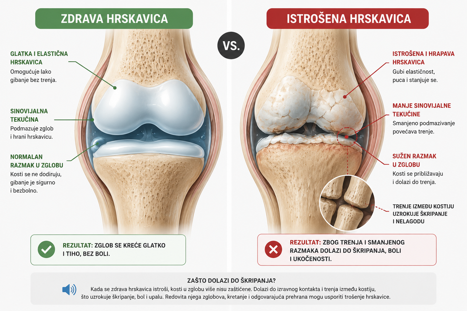"Usporedba zdrave i istrošene hrskavice u zglobu koja objašnjava škripanje zglobova"
