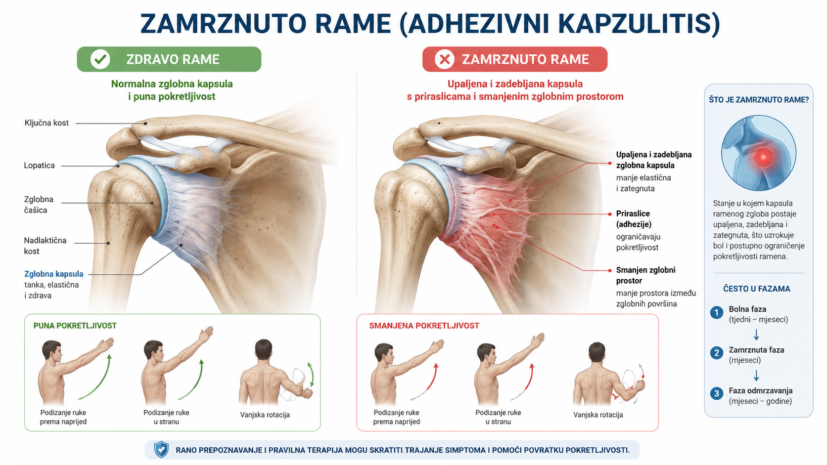 "Ilustracija ramenog zgloba sa zdravom i upaljenom zglobnom čahurom kod smrznutog ramena"