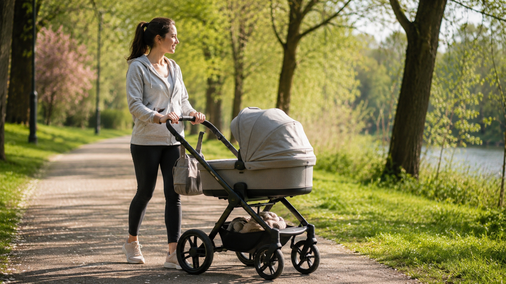 Mama u šetnji s kolicima u parku kao prva sigurna aktivnost u oporavku nakon poroda