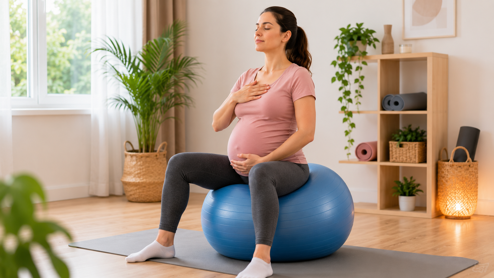 Trudnica na pilates lopti vježba zdjelično dno i disanje u sklopu pripreme za porod