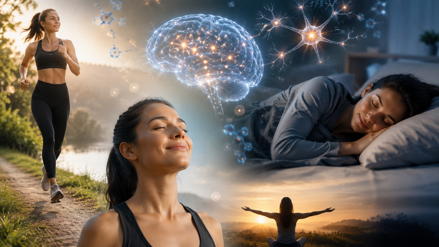 Jednostavna infografika koja prikazuje kako vježbanje potiče endorfine, dopamin i serotonin te bolji san