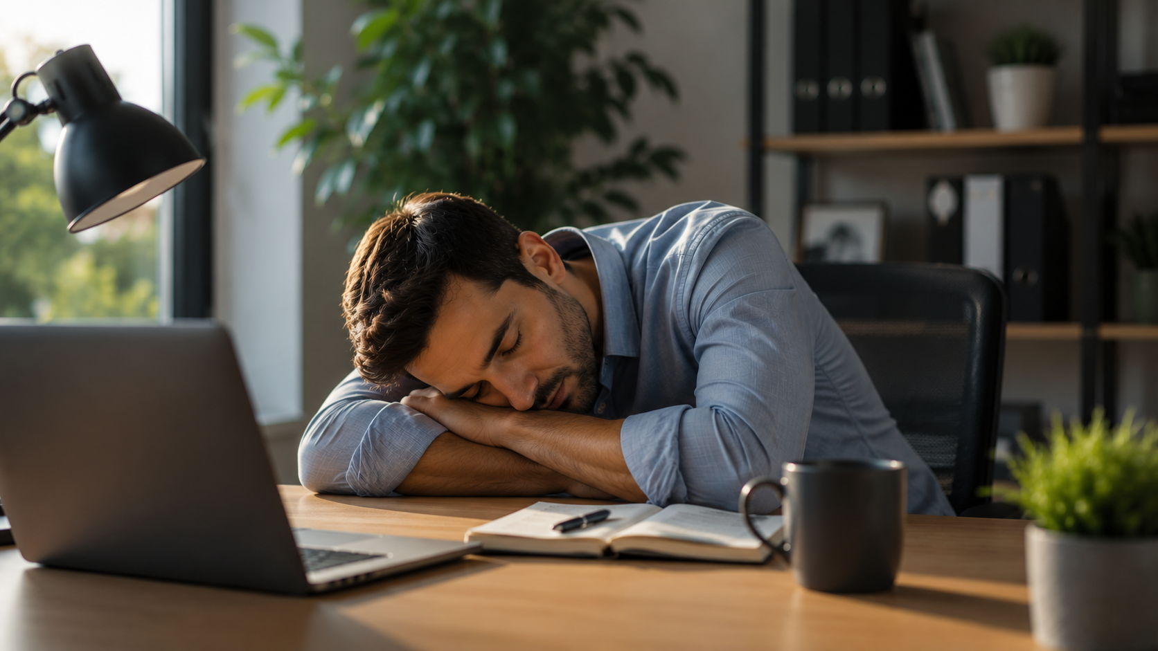 Osoba na kratkom drijemanju za stolom, coffee nap trik protiv popodnevnog umora