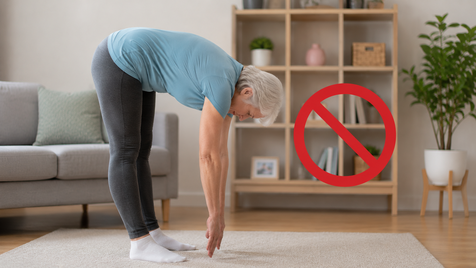 Prikaz savijanja kralježnice prema naprijed označen kao nepreporučen pokret kod osteoporoze